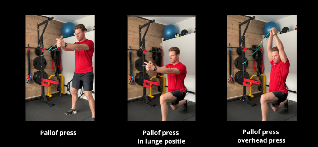 Pallof press.
Pallof press in lunge positie.
Pallof press overhead press.